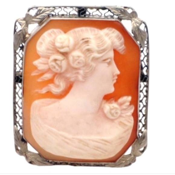 14K Huge Cameo🐚 White Gold Filigree Brooch Circa - Picture 3 of 3